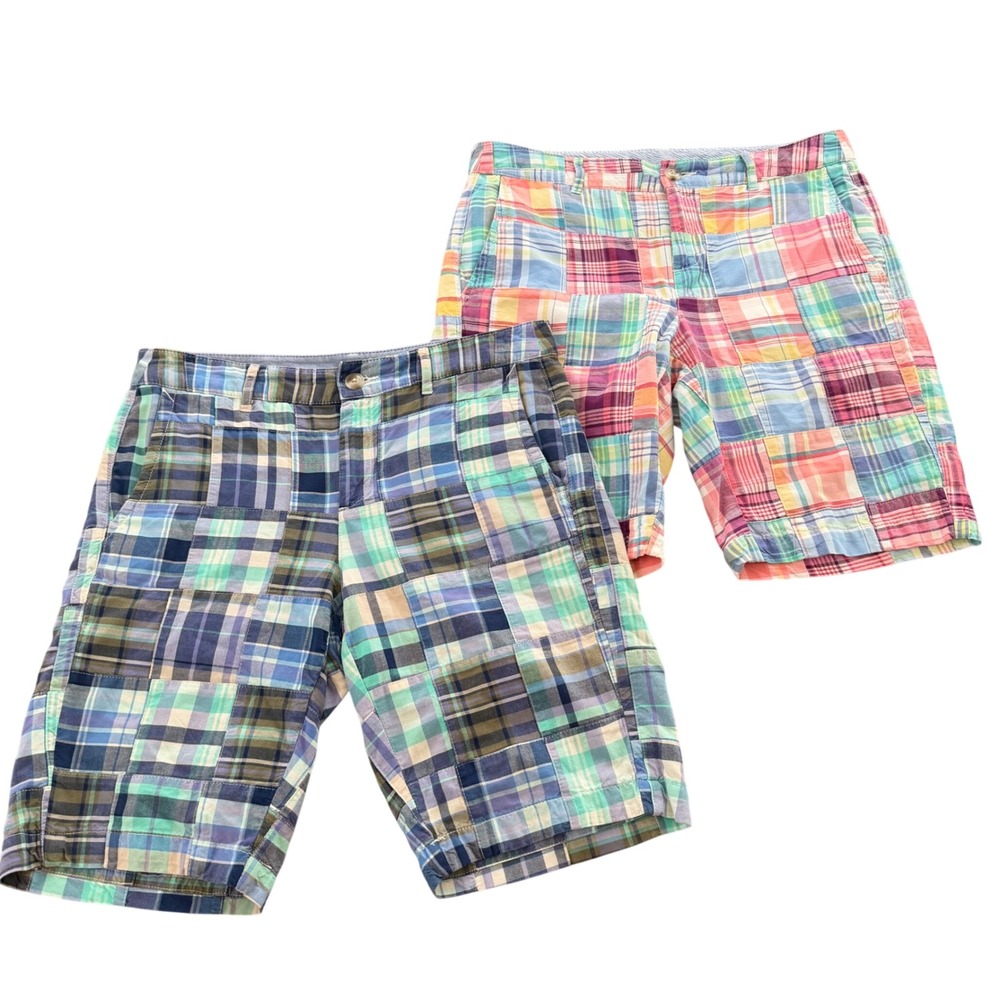 Lot of 2 LL Bean Favorite Fit Patchwork Plaid Shorts size 4 Reg Madras Blue Pink